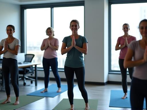 A group of office workers doing yoga.
